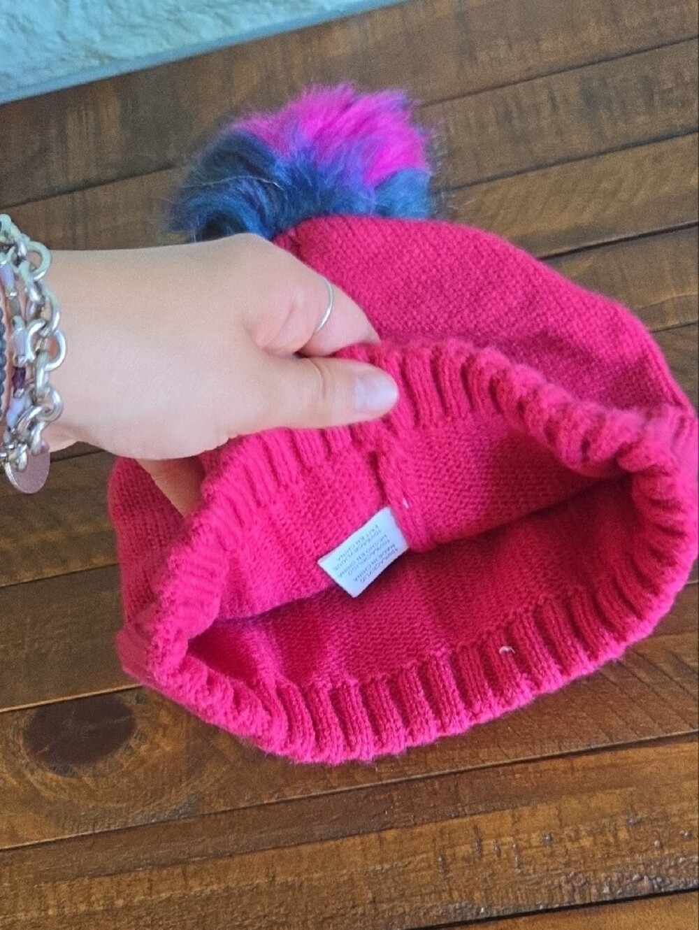 Betsey Johnson Pink Knit Beanie Multicolor Pom Pom - Picture 5 of 6